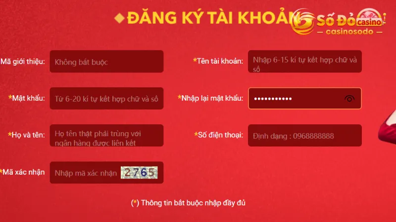 Điền đầy đủ các thông tin theo yêu cầu của trang cược