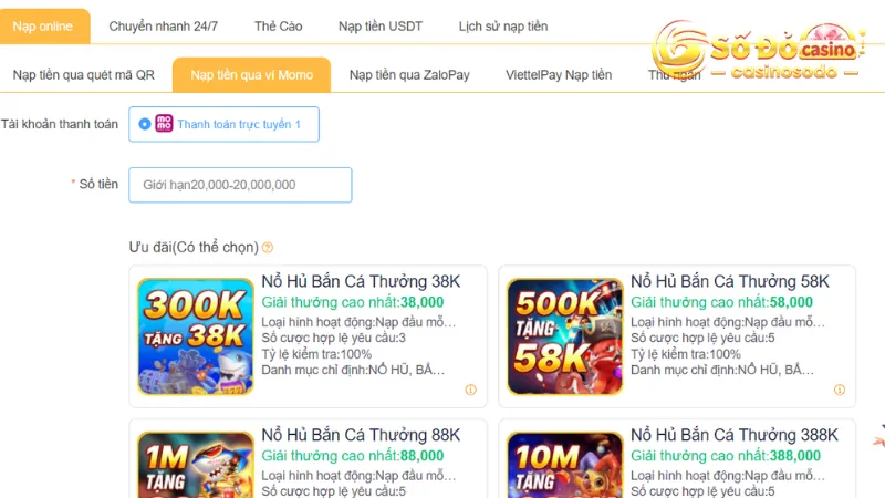 Nhà cược cung cấp đến 5 kênh thanh khoản khác nhau cho hội viên